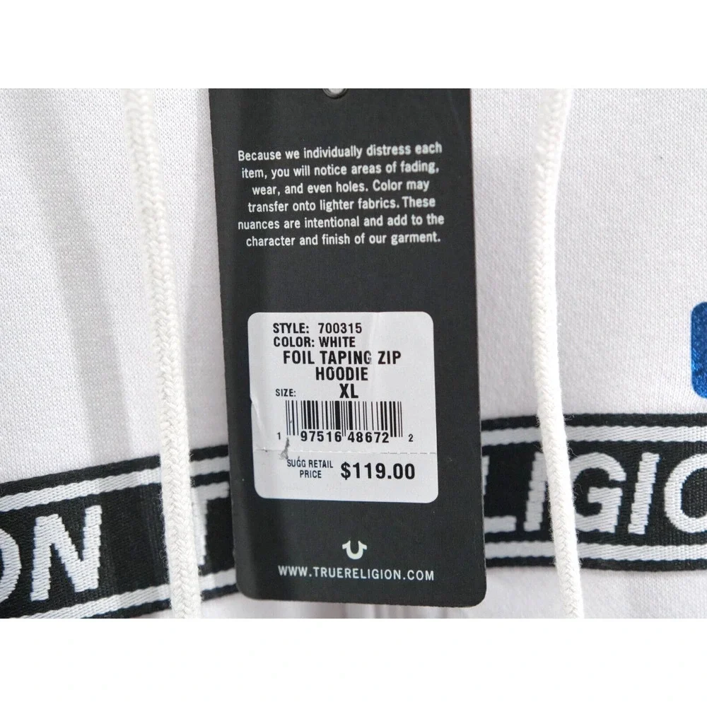 True Religion Men's Foil Taping Zip Hoodie XL NEW White $119 700315‎